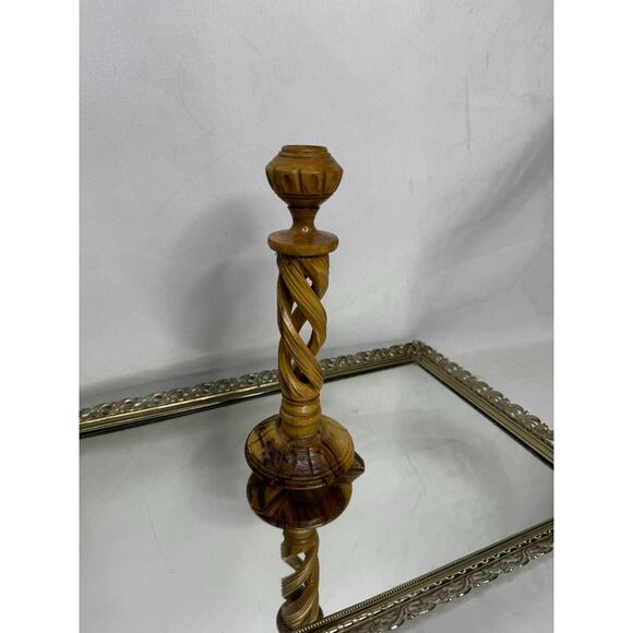 Vintage Hand Carved Olive Wood Open Spiral Candlesticks Candle Holders - Picture 2 of 9